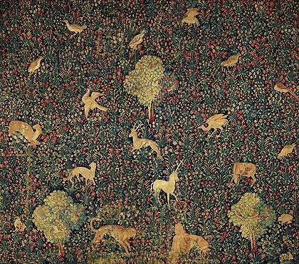 寓言、千花、动物挂毯`Allegorical, Millefleurs, Tapestry with Animals by Old Master