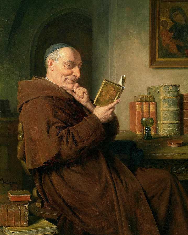 《带酒杯的读书僧》，1846-1925年`Reading Monk with Wine Glass, 1846-1925 by Eduard von Grutzner