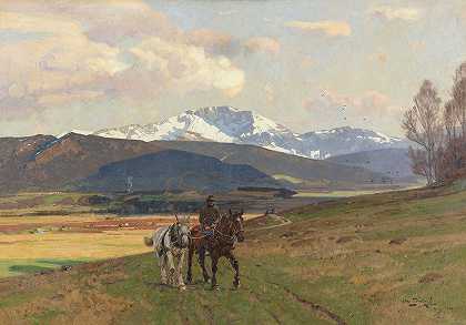 山地景观中的骑士（贝内迪克滕万德）`Reiter in Gebirgslandschaft (Benediktenwand) (1909) by Otto Strützel