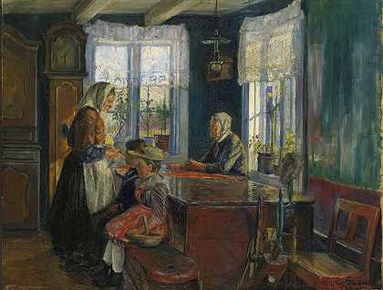 农场屋内`Farm Interior (1892) by Halfdan Strøm