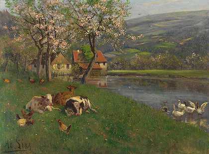 夏日湖畔`Sommertag am See (1900) by Adolf Lins