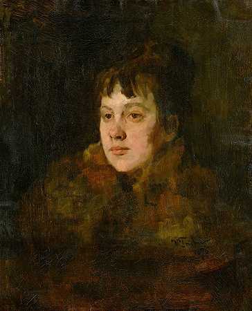 一位穿着毛皮的女士的肖像`Portrait of a Lady in Fur (1876) by Wilhelm Trübner