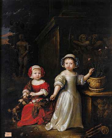 两个年轻女孩在公园里的肖像，一个和狗玩耍，另一个拿着一个罐子里的康乃馨`Portrait of Two Young Girls In a Park, One Playing With A Dog, The Other Holding a Carnation From a Pot (1667) by Caspar Netscher