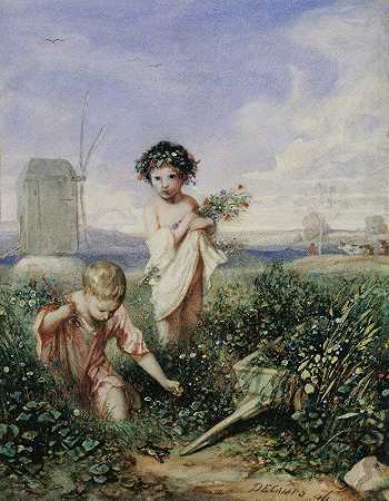 孩子们在采花`Children gathering Flowers (1844) by Alexandre-Gabriel Decamps
