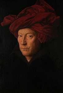自画像，一个戴着红色头巾的男人的画像`Self Portrait, Portrait of a Man in a Red Turban by Jan van Eyck