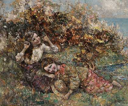 采摘野花的女孩`Girls Picking Wild Flowers (1918) by Edward Atkinson Hornel