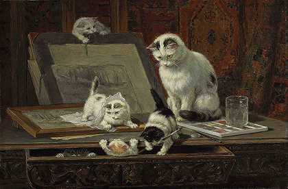 小猫这是一堂艺术课`The Kittens Art Lesson by Henriëtte Ronner-Knip