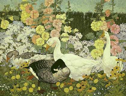 鹅和蜀葵，1917年`Geese and Hollyhocks, 1917 by Jessie Arms Botke
