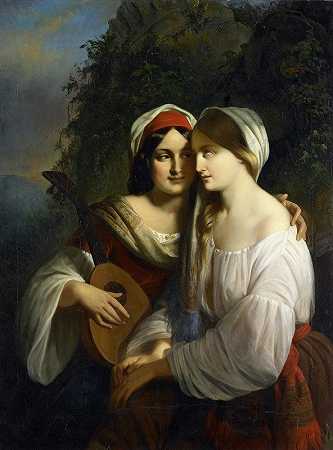 两个穿着意大利服装的年轻女子`Two young women in Italian costume (1851) by Moritz Calisch