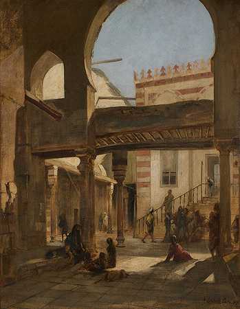 开罗卡劳恩清真寺建筑群的场景`Szene im Kalaun Moscheen Komplex Kairo (1876) by Franz von Lenbach