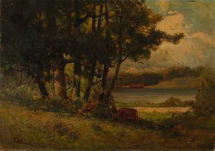 无标题（河流附近奶牛吃草的景观）`Untitled (landscape with cows grazing near river) by Edward Mitchell Bannister