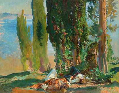 在科孚的柏树下`Under the Cypress Trees at Corfu by John Singer Sargent