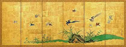 飞过岩石、竹子和花朵的鸟`Birds Flying over Rocks, Bamboo and Flowers by Kano Eitatsu