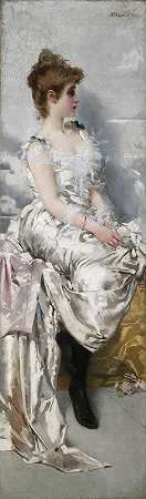 一幅年轻女子的肖像画，她穿着带花的二元连衣裙`Ritratto di giovane donna in abito binaco con fiori by Vittorio Matteo Corcos