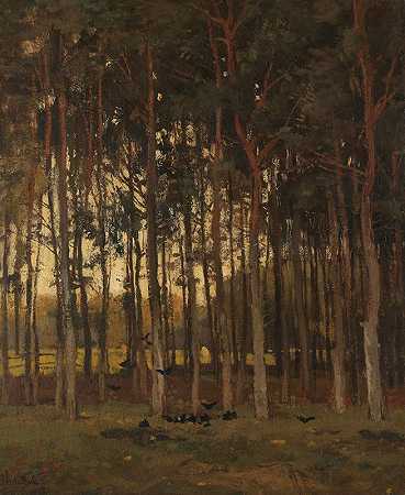 林中风景`View in the Woods (c. 1870 ~ c. 1904) by Théophile de Bock