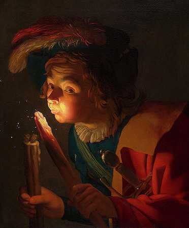 1621-1622年，一个男孩在吹火`A Boy Blowing on a Firebrand, 1621-1622 by Gerrit van Honthorst