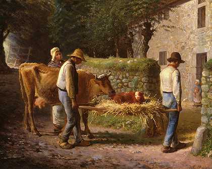农民们带着田野里出生的小牛回家`Peasants Bringing Home a Calf Born in the Fields by Jean-Francois Millet