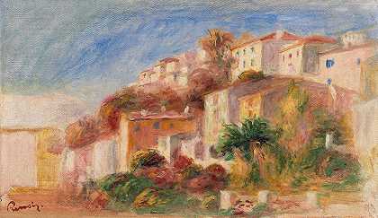 从Cagnes邮局花园俯瞰（从Cagnes邮局花园俯瞰的村庄）`View from the Garden of the Post Office, Cagnes (Village vu du jardin de la poste, Cagnes) (c. 1908) by Pierre-Auguste Renoir