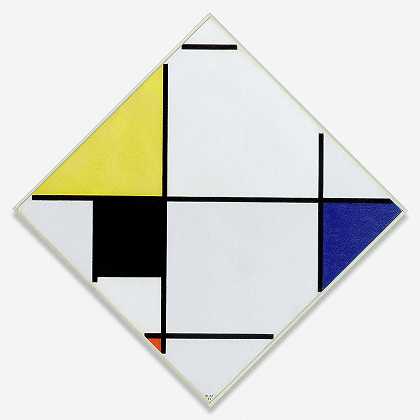 1921年用黄色、黑色、蓝色、红色和灰色组成的菱形`Lozenge Composition with Yellow, Black, Blue, Red, and Gray, 1921 by Piet Mondrian