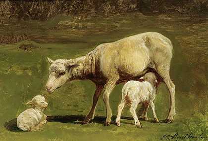 一只母羊和两只小羊`A Ewe And Two Lambs by Juliette Peyrol-Bonheur