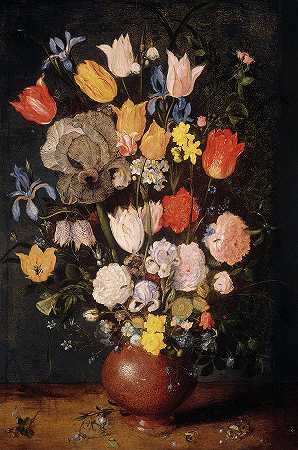 陶制花瓶里的一束花，1610年`Bouquet of Flowers in an Earthenware Vase, 1610 by Jan Brueghel the Elder