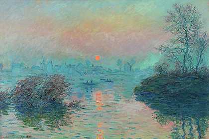 1880年拉瓦考特塞纳河畔的日落`Sunset on the Seine at Lavacourt, 1880 by Claude Monet