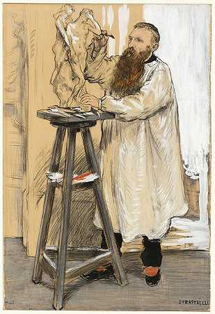 雕塑家奥古斯特·罗丁在工作室的肖像`Portrait of the Sculptor Auguste Rodin in his Studio (c. 1889) by Jean François Raffaëlli