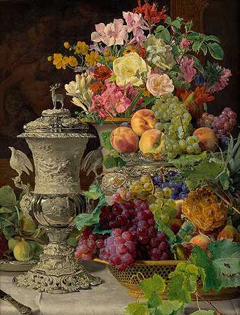 有水果、鲜花和银杯的静物画`Still Life with Fruit, Flowers and a Silver Cup (1839) by Ferdinand Georg Waldmüller