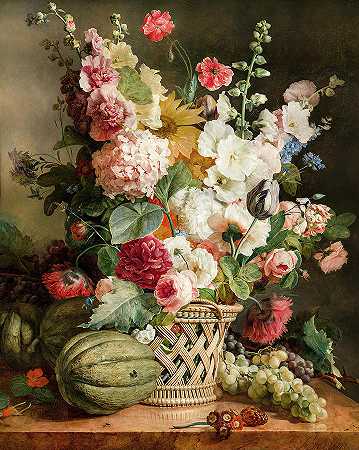 柳条篮子里的水果和花`Fruits and Flowers in a Wicker Basket by Antoine Berjon