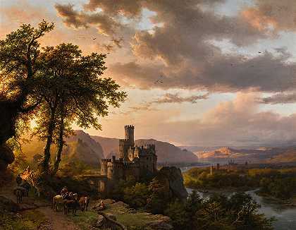 山丘景观，城堡和旅行者在小路上`A hilly landscape with castle and travelers on a path (1855) by Barend Cornelis Koekkoek