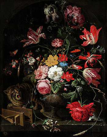 猫撞翻了一瓶花，1806年`Cat Knocking over a Vase of Flowers, 1806 by Abraham Mignon