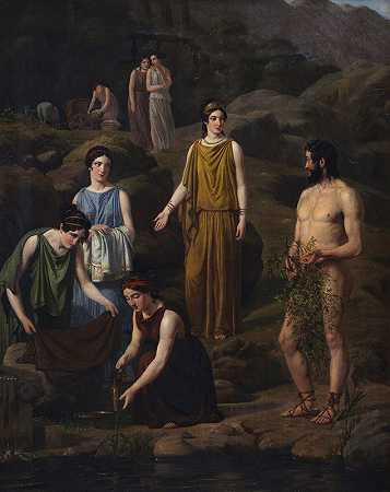 Nausika带来了失事奥德修斯的衣服`Nausikaa bringer den skibbrudne Odysseus klæder (1835) by Wilhelm Marstrand