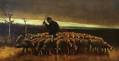 带着一群羊的牧羊人`Shepherd with a Flock of Sheep by Vincent van Gogh