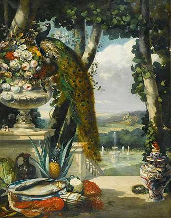有孔雀、鲜花、水果和日本花瓶的静物画，还有远处广阔的公园景观`Still life with peacock, flowers, fruit and japanese vase, an extensive park landscape beyond (1837) by Narcisse-Virgile Diaz de La Peña