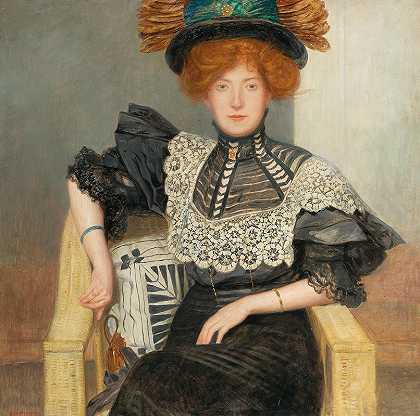带蕾丝衬衫和羽毛帽的女性肖像`Damenbildnis mit Spitzenbluse und Federhut by Friedrich König