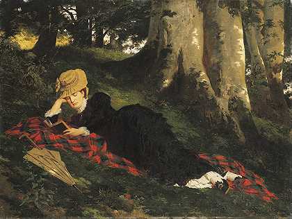 在森林里读书的女人`Woman Reading in a Forest (1875) by Gyula Benczúr