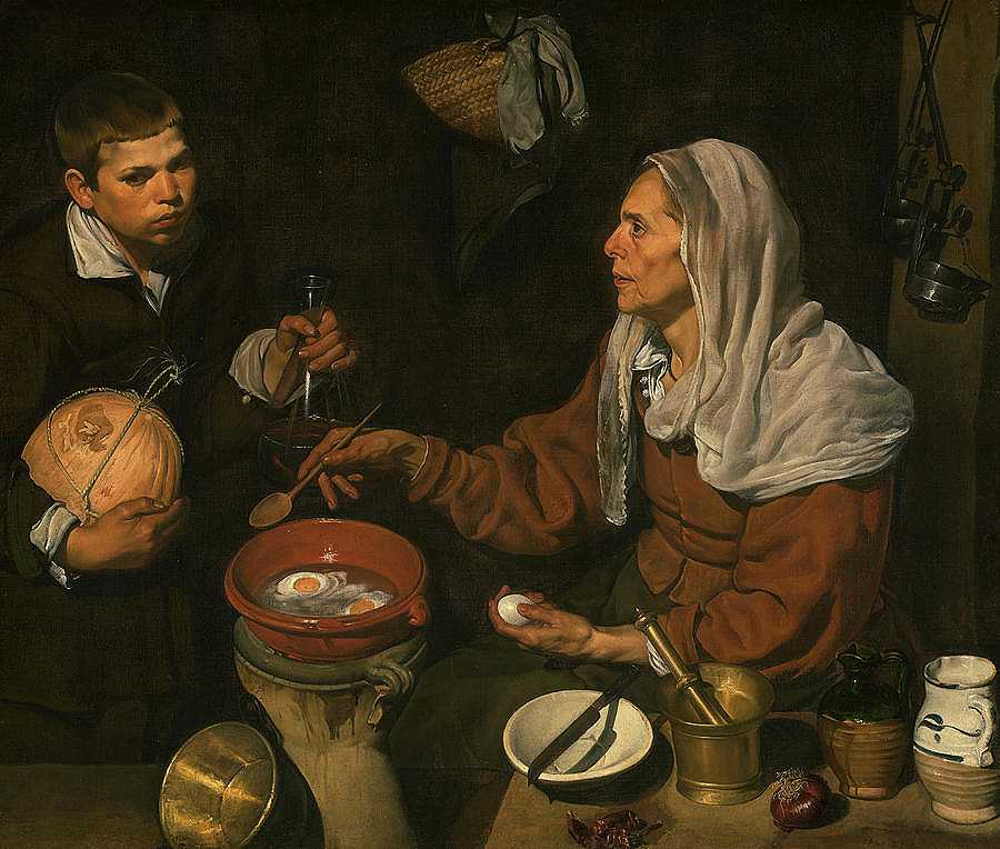 一位老妇人在煮鸡蛋，1618年`An Old Woman Cooking Eggs, 1618 by Diego Velazquez
