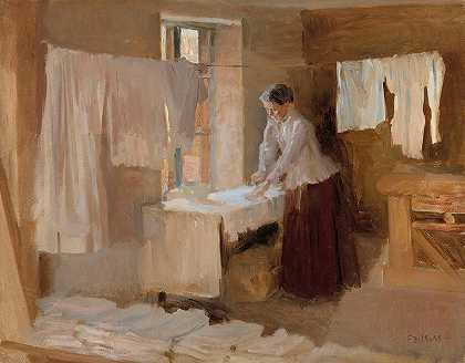 熨衣服的女人，为洗衣女工学习`Woman Ironing, Study for the Washerwomen (1888) by Albert Edelfelt