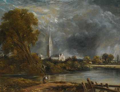 草地上的索尔兹伯里大教堂`Salisbury Cathedral From The Meadows by John Constable