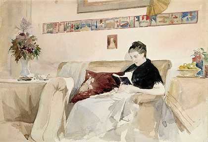 艺术家的妻子在沙发上看书`Artist’s Wife Reading On The Sofa by Albert Edelfelt