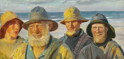 四名渔民在斯卡根海滩晒太阳`Fire fiskere i solskin på Skagen Strand (1898) by Michael Ancher
