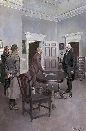 国会秘书汤普森向华盛顿弗农山宣布他当选总统`Thompson, Clerk of Congress, announcing to Washington, Mount Vernon, his election to the presidency by Howard Pyle