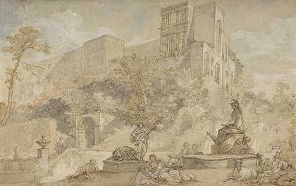 d别墅的罗马喷泉艾斯特，蒂沃利`The Fountain of Rome at the Villa dEste, Tivoli (1765) by Charles-Joseph Natoire