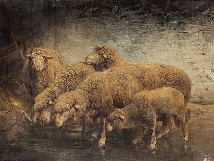 谷仓里的羊`Sheep In A Barn (1885) by Heinrich Von Zügel