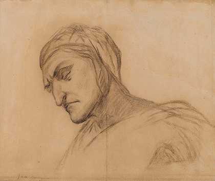 但丁，胸围男被单，头部向左四分之三`Dante, buste dhomme drapé, tête couverte de trois~quart à gauche by Pierre Puvis de Chavannes