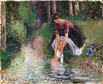 在小溪里洗脚的女人`Woman Washing Her Feet in a Brook (1894) by Camille Pissarro