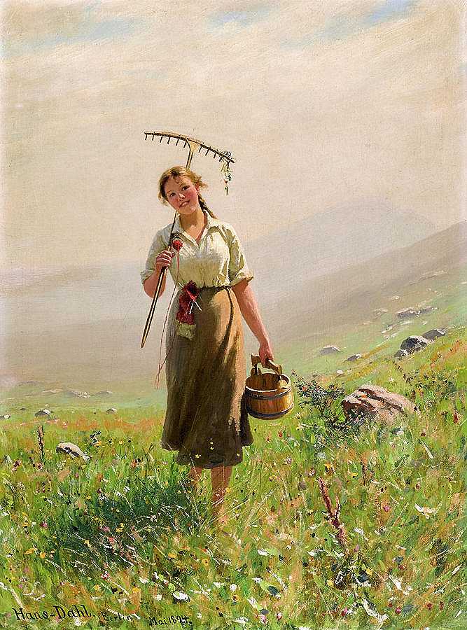 草地上的一位年轻女子，1894年`A Young Woman in the Meadow, 1894 by Hans Dahl