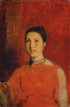 穿红裙子的女孩`Mädchen in rotem Kleid (1877) by Franz Rumpler