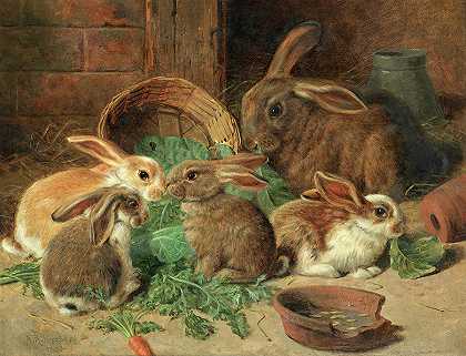 一只母兔和她的幼兔，1893年`A Mother Rabbit and her Young, 1893 by Alfred Richardson Barber