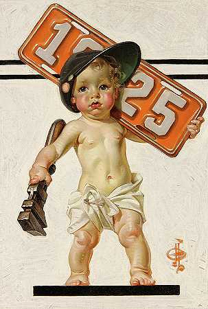 1925年的新年宝贝，车牌和扳手`New Year\’s Baby, License Plate and Wrench, 1925 by Joseph Christian Leyendecker